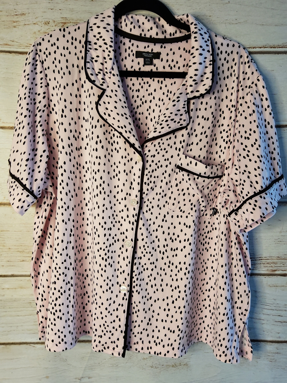 Simply Vera Vera Wang Light Pink Polka Dot Pajama Top with Black Trim